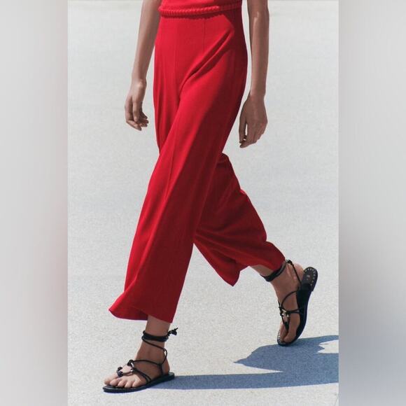 Zara RED WIDE LEG CROPPED PANTS - Picture 5 of 14